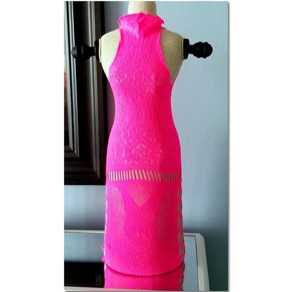 Lace Lingerie Hot Pink Bodycon Sheer Stretch Elastic Form Fitting Paint - Picture 2 of 10